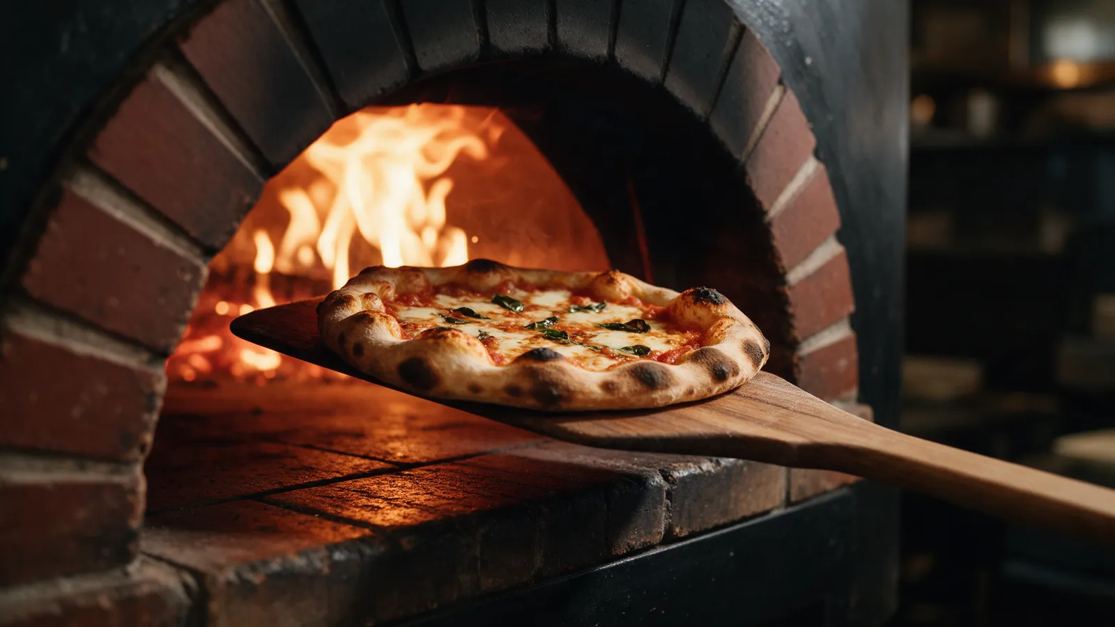 A wood-fired pizza with a puffed, charred crust coming out of the glowing oven mouth on a long wooden peel, flames at the back