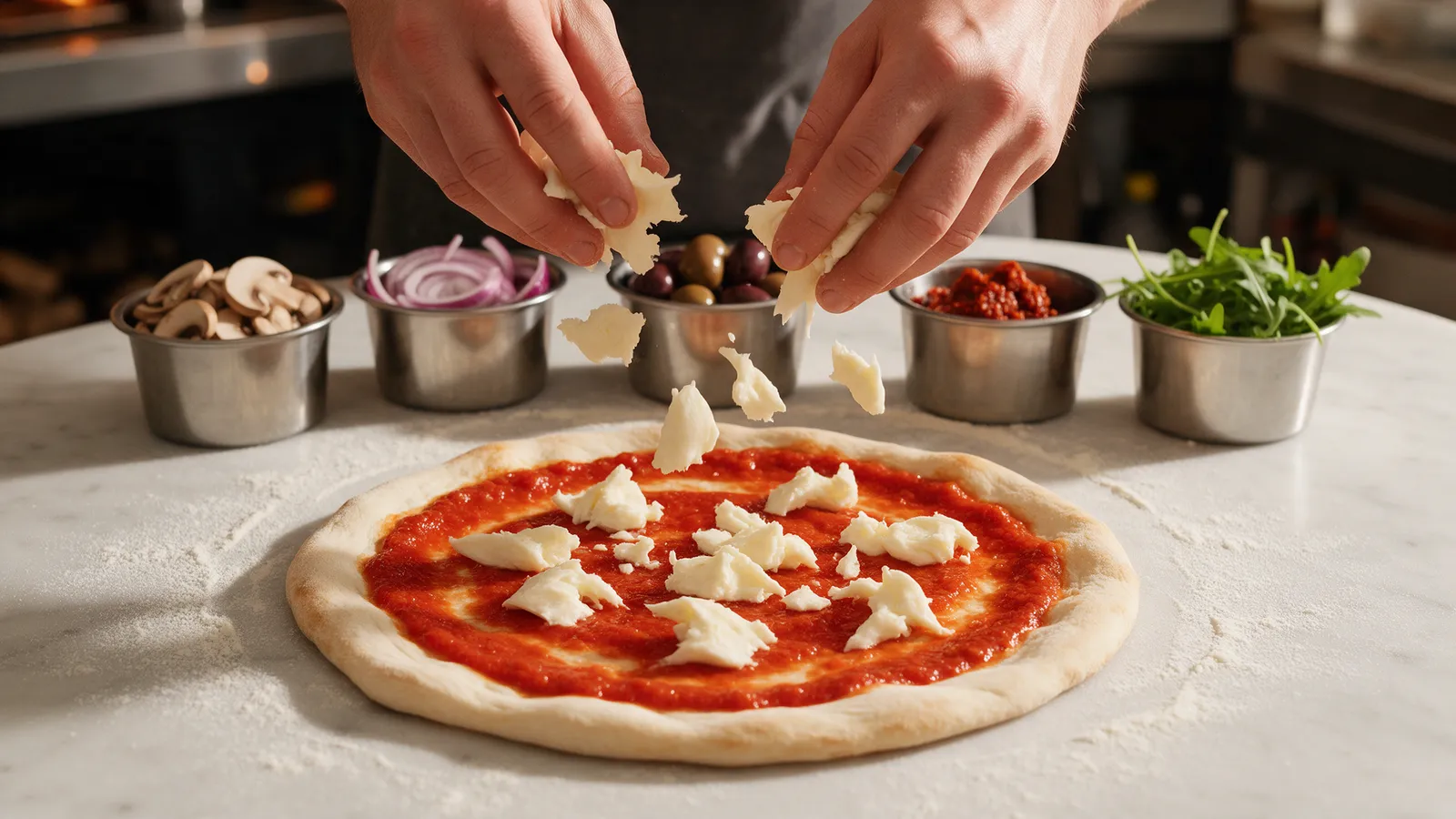 Hands scattering torn mozzarella over a stretched pizza base on a floured marble counter, small steel tubs of toppings in a row behind