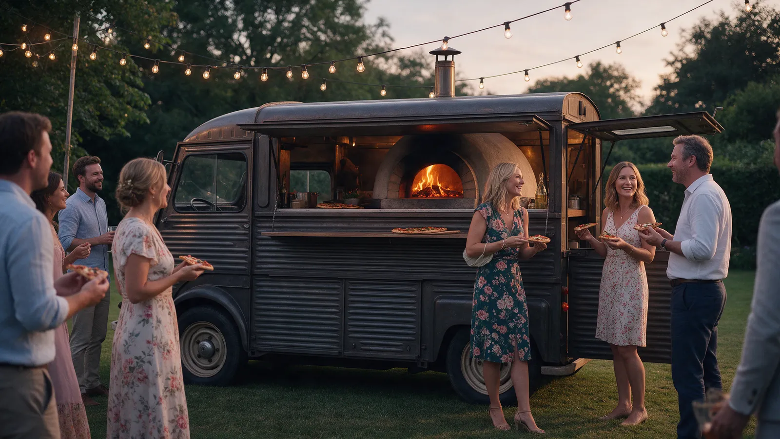 A vintage corrugated Citroën H van painted dark charcoal with a wood-fired oven glowing inside the open side hatch, parked on a lawn at an evening garden party, festoon lights overhead