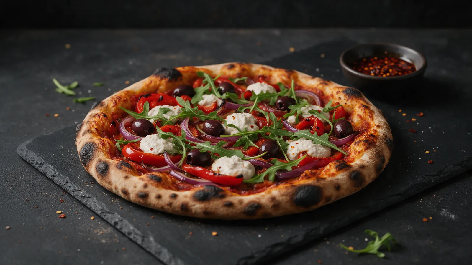 A vegan wood-fired pizza with roasted peppers, red onion, olives, rocket and dollops of white cashew cheese on a dark slate