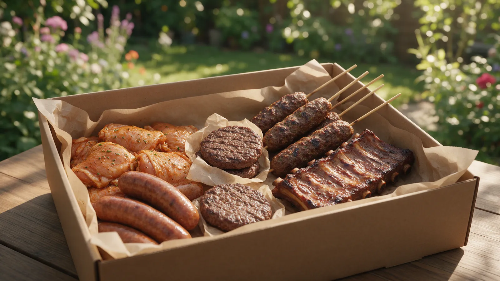 An open brown cardboard box lined with greaseproof paper holding marinated chicken thighs, sausages, beef burgers, lamb kofta skewers and a rack of ribs on a garden table