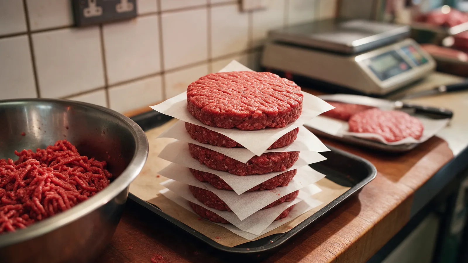Hand-pressed beef burgers stacked between squares of greaseproof paper on a butcher's tray beside a bowl of fresh minced beef