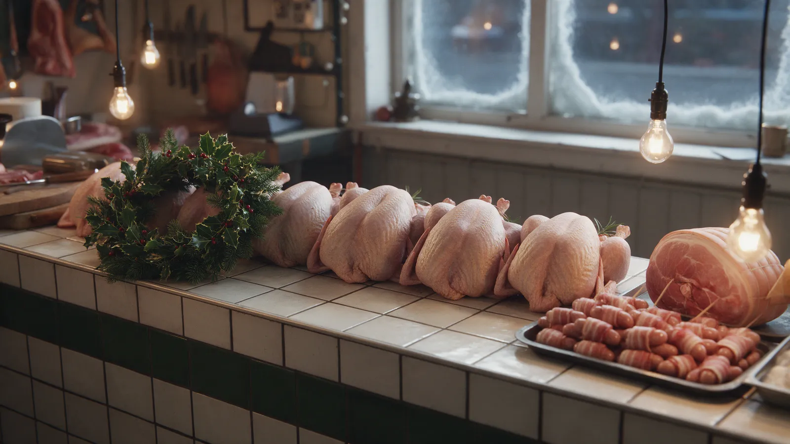 A butcher's shop at Christmas: a row of dressed free-range bronze turkeys on a tiled counter, a holly wreath, chipolatas wrapped in bacon on a tray, a gammon
