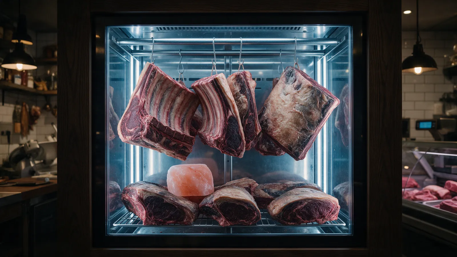 A dry-ageing cabinet in a butcher's shop with whole bone-in beef ribs and sirloins resting on racks behind glass, a block of pink salt, cool light