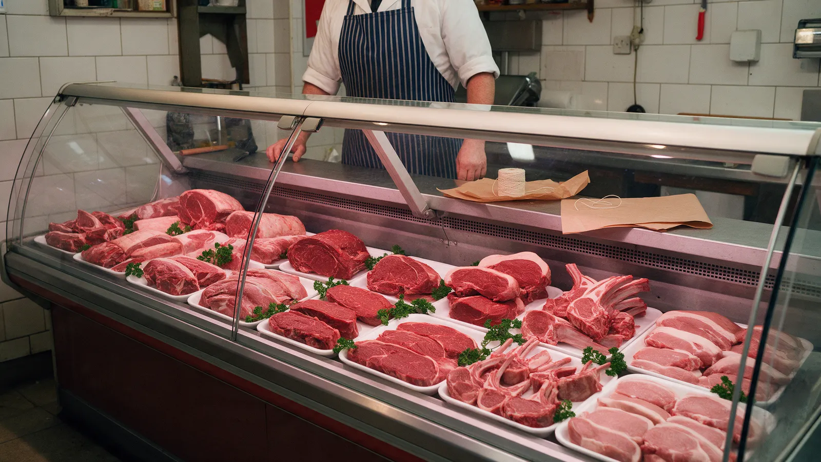 A traditional butcher's counter: a long glass-fronted display of beef, lamb and pork on white trays with parsley, a butcher in a striped apron behind, white tiles