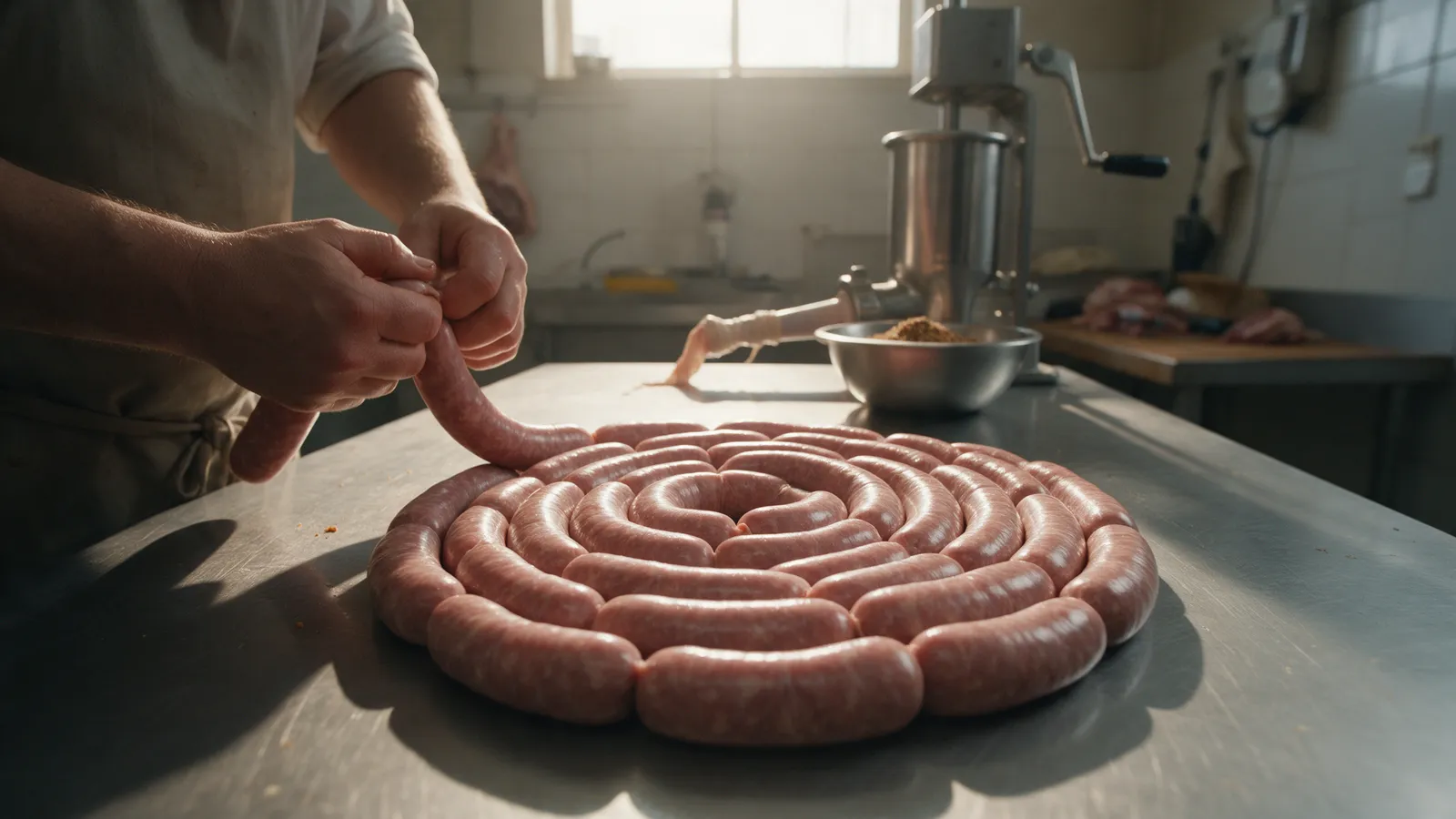 Fresh pork sausages being linked by hand on a stainless steel bench in a butcher's back room, a long coil in natural casing, a sausage filler behind