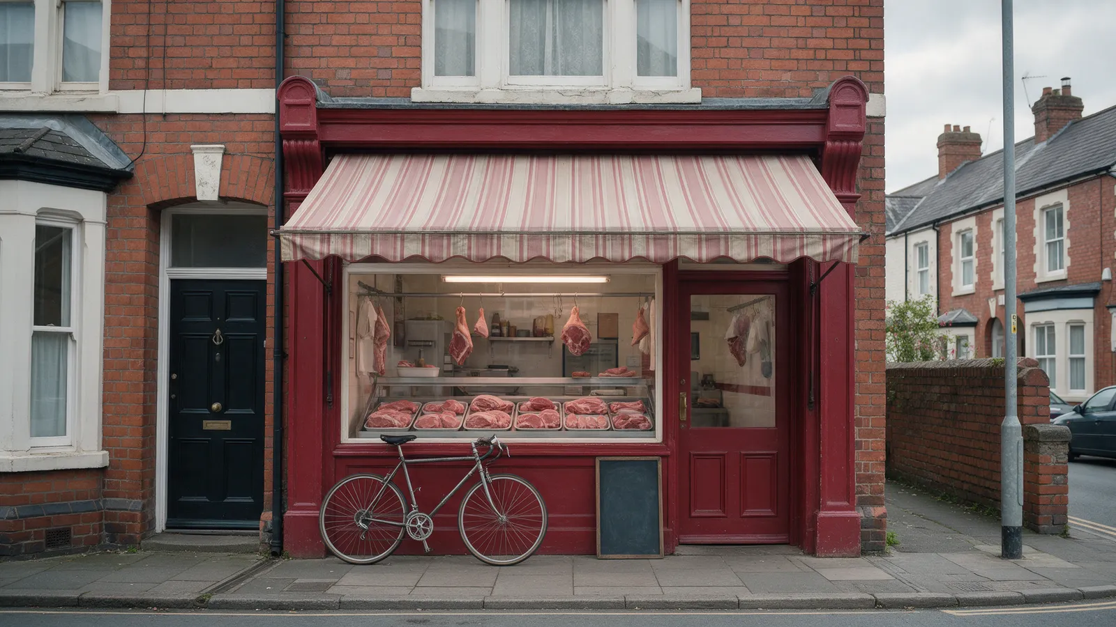 A deep red Victorian terrace butcher's shopfront on Pontcanna Street with a striped awning, meat on trays in the window, a blackboard by the door and a bicycle outside