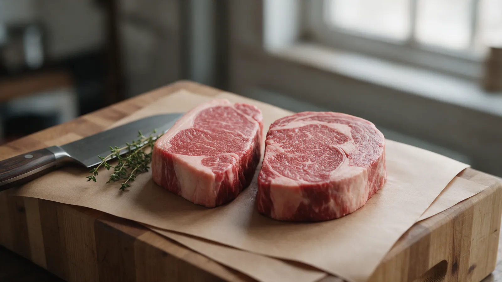 Thick-cut sirloin and ribeye steaks on brown butcher's paper on a scrubbed wooden block, a knife beside them, a sprig of thyme