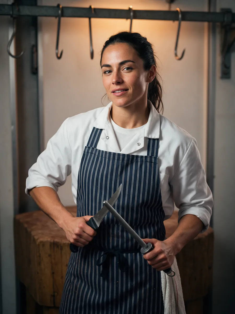 Beca Lewis, a woman in her early thirties with dark hair tied back, in a white coat and navy striped apron, holding a boning knife and a steel in a butcher's shop
