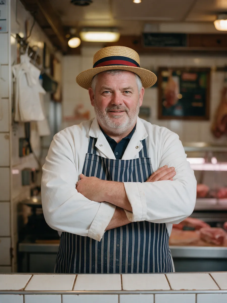 Huw Rees, a stocky Welsh man in his late fifties with short grey hair and a grey beard, in a white coat and striped apron and a straw boater, arms folded behind a tiled butcher's counter