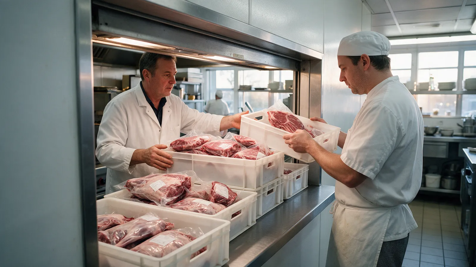 A butcher in a white coat delivering a wholesale order to a restaurant kitchen early in the morning, stacked white crates of vacuum-packed beef and lamb on a steel pass, a chef checking a crate