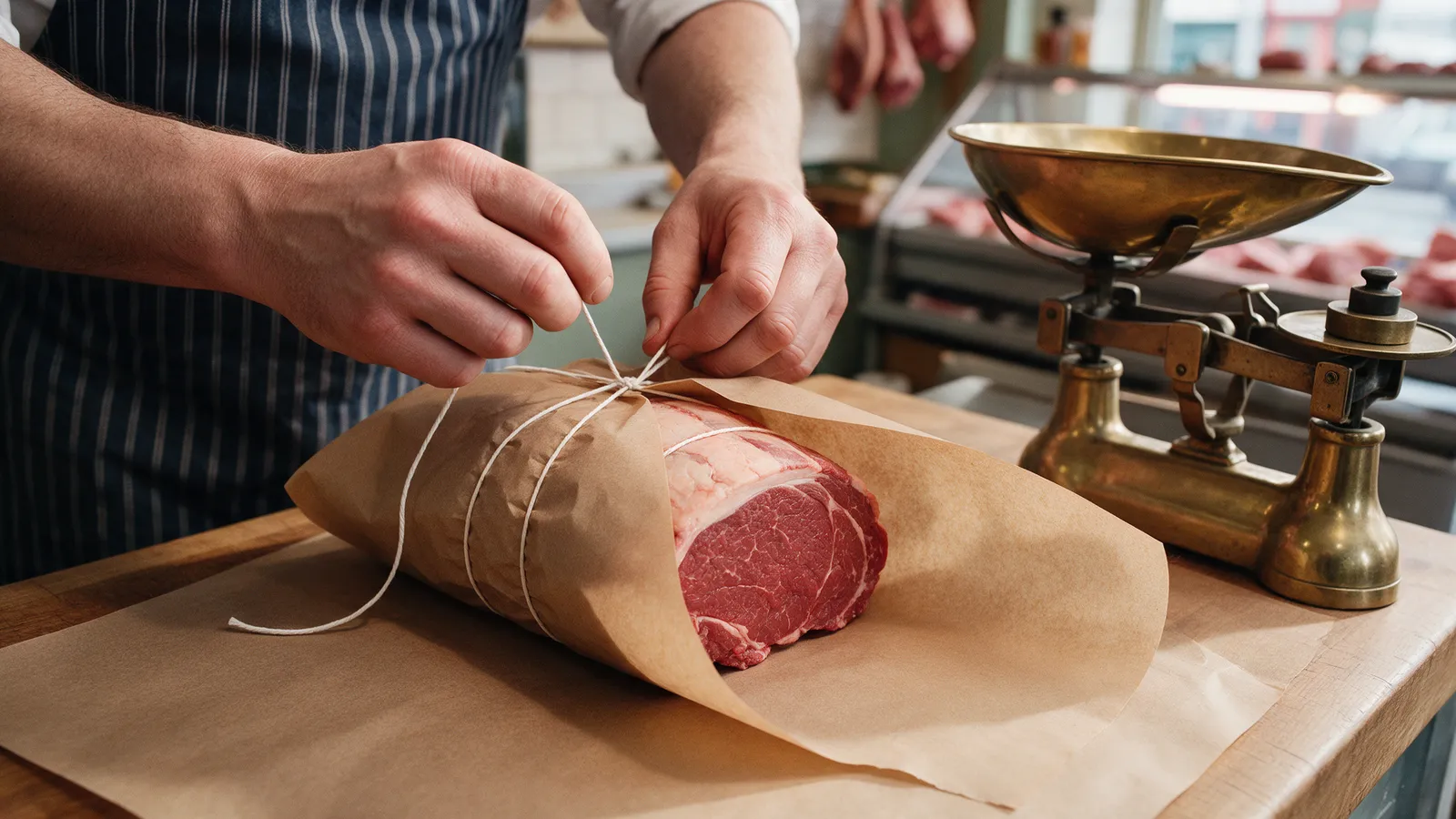 A butcher's hands wrapping a joint of beef in brown greaseproof paper on a counter and tying it with string, a brass scale beside it