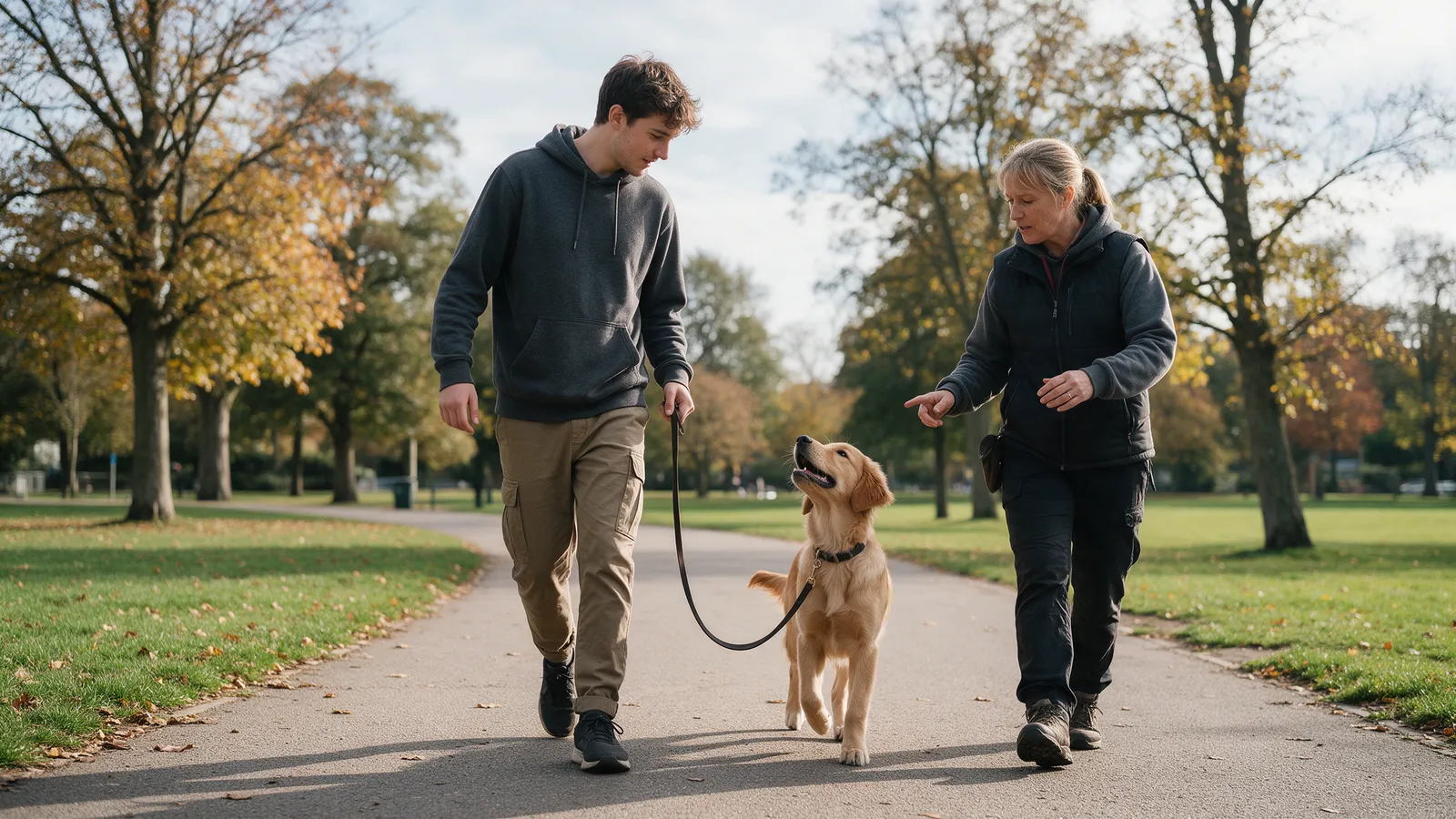 A young owner practising a loose-lead walk with a lanky golden retriever, the lead slack and the dog looking up, a trainer walking alongside in a park