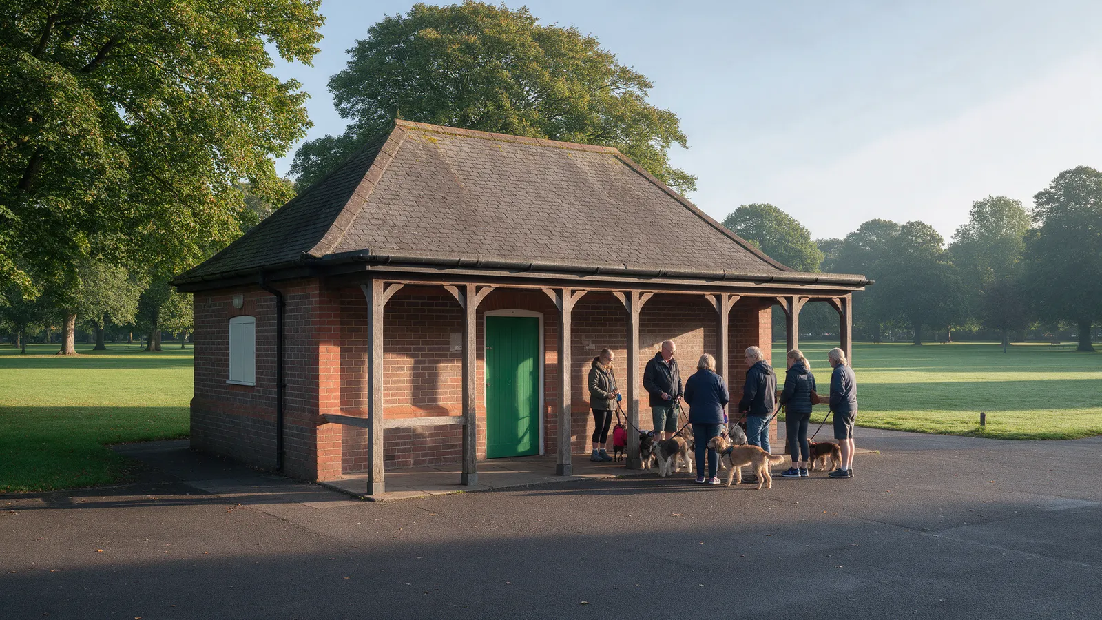 A small brick pavilion with a green door and a wooden veranda at the edge of a big park, people with dogs gathering outside