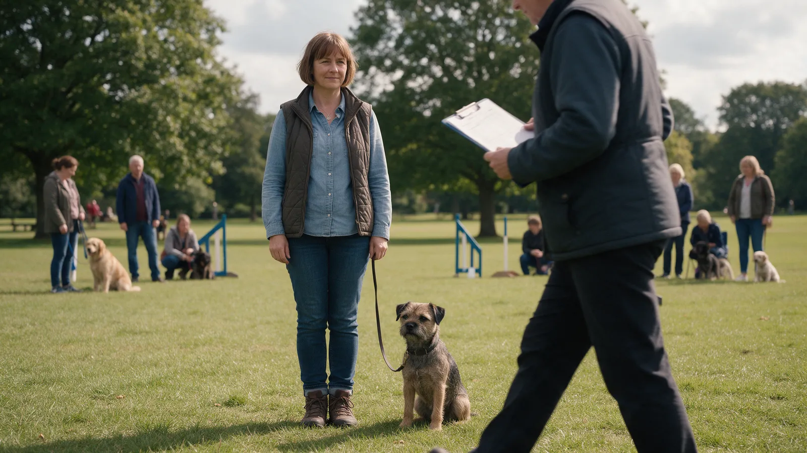 A woman standing still with her border terrier sitting calmly at her side on a loose lead while an assessor with a clipboard walks past