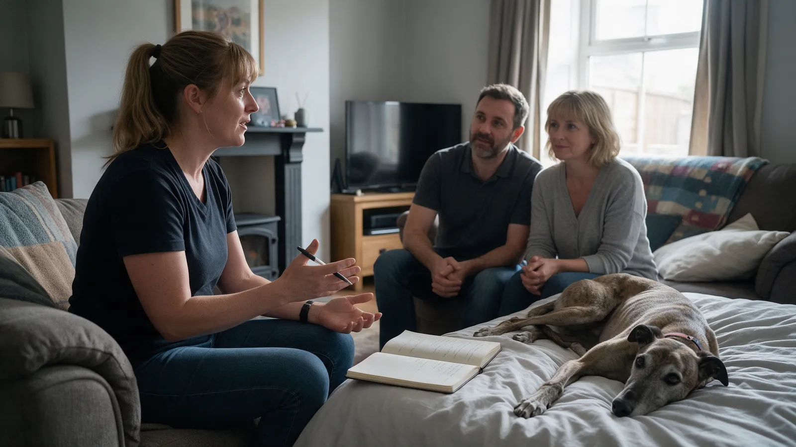 A trainer on a sofa in a family living room talking to a couple, a nervous rescue greyhound lying on a bed nearby