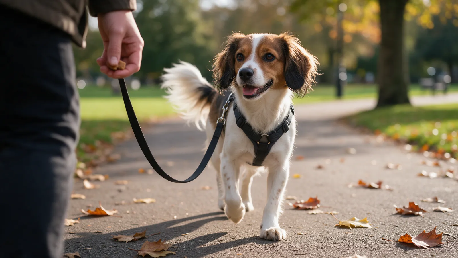 A spaniel cross in a front-clip harness walking on a slack lead on a park path, the owner holding a treat at their side