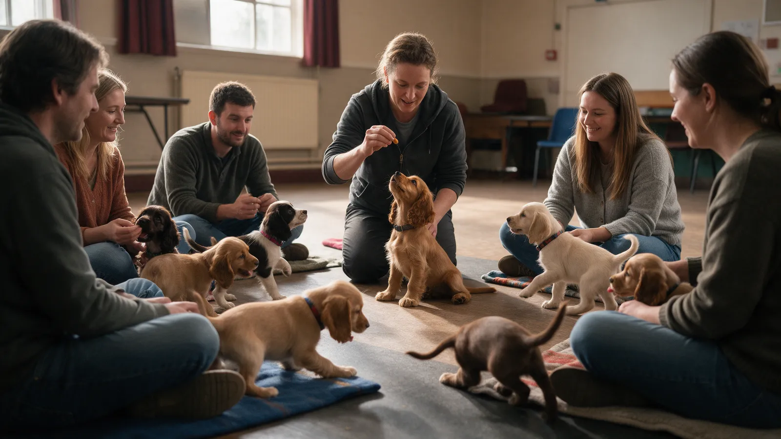 Five puppies about twelve weeks old with their owners on mats in a hall, a cocker spaniel puppy looking up for a treat, a trainer kneeling in the middle