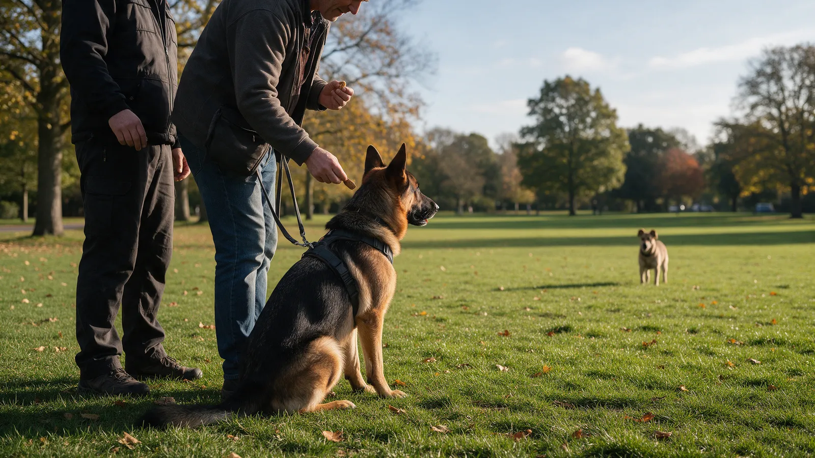 A German shepherd on a harness watching another dog far across a park while its owner rewards it for looking calmly, a trainer beside them