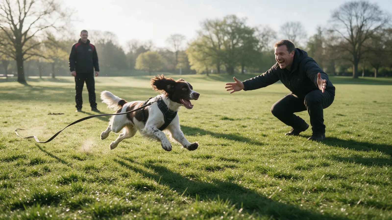 A springer spaniel running full speed across grass towards its owner crouched with arms open, a long training line trailing behind