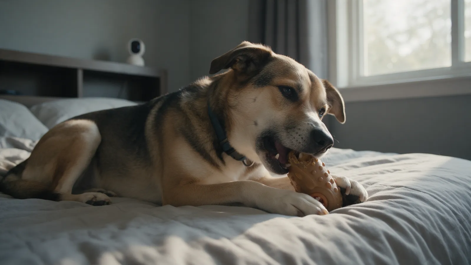 A mixed-breed rescue dog lying relaxed on a bed in a quiet room chewing a rubber food toy, a small home camera on a shelf