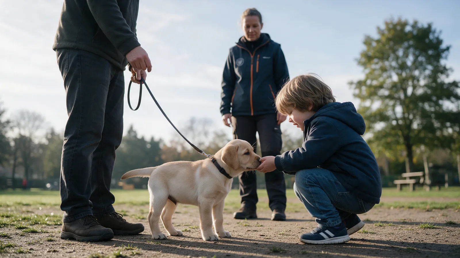 A ten-week-old labrador puppy gently sniffing the hand of a crouching child in a park while a trainer watches