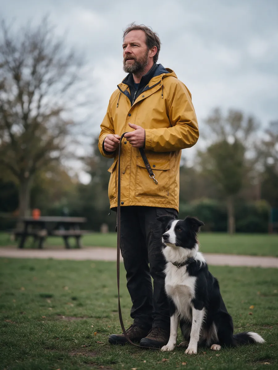 Dan Matthews, a bearded man in his mid-forties in a mustard waterproof holding a long training line with a border collie sitting at his feet in a park