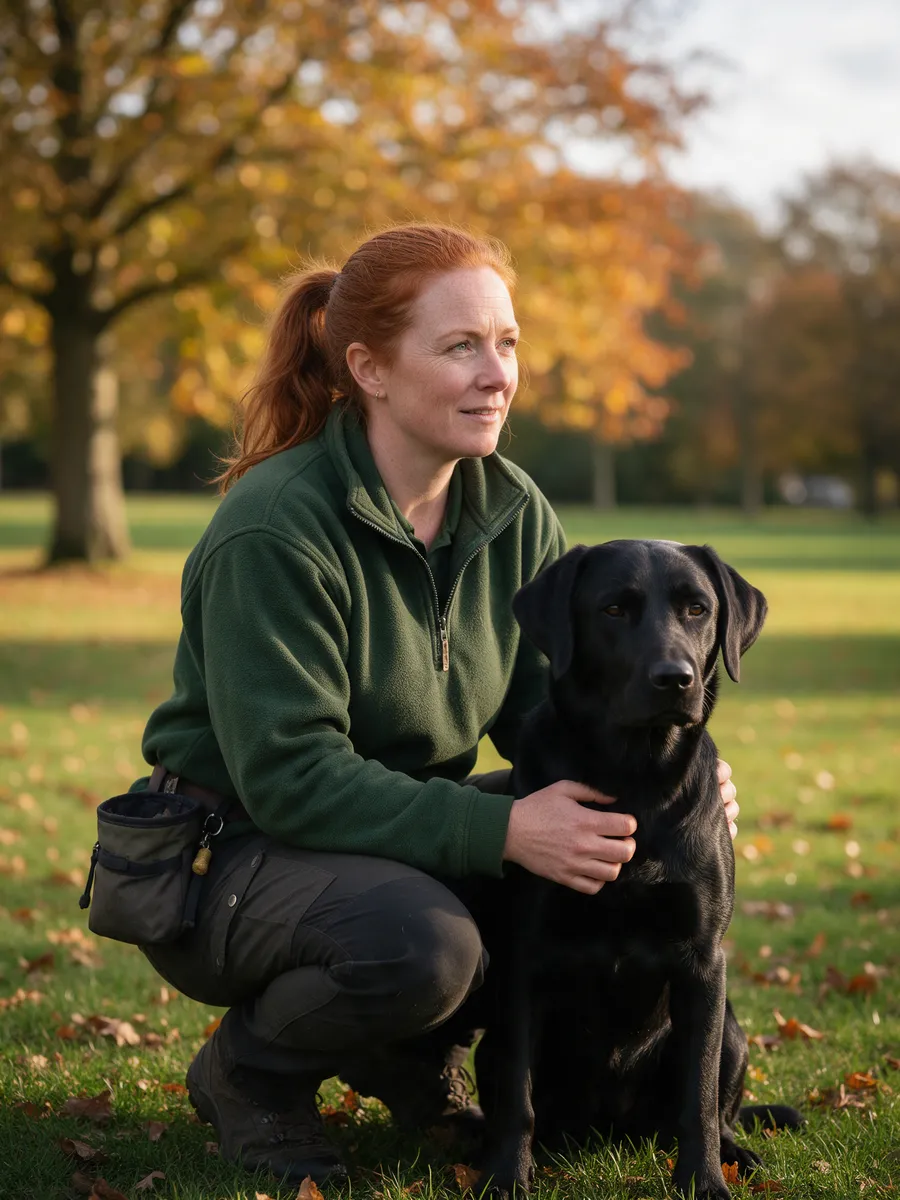 Rhian Griffiths, a Welsh woman in her late thirties with auburn hair in a forest-green fleece and treat pouch, crouching beside a black labrador in a park