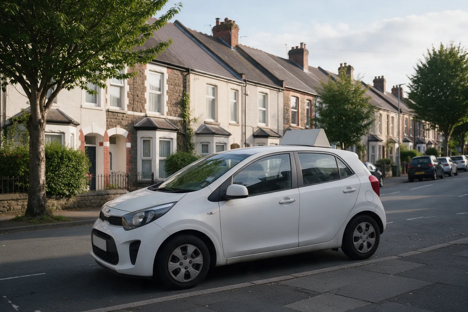 A small white hatchback driving-school car with a plain roof sign parked on a tree-lined residential street of Edwardian terraces