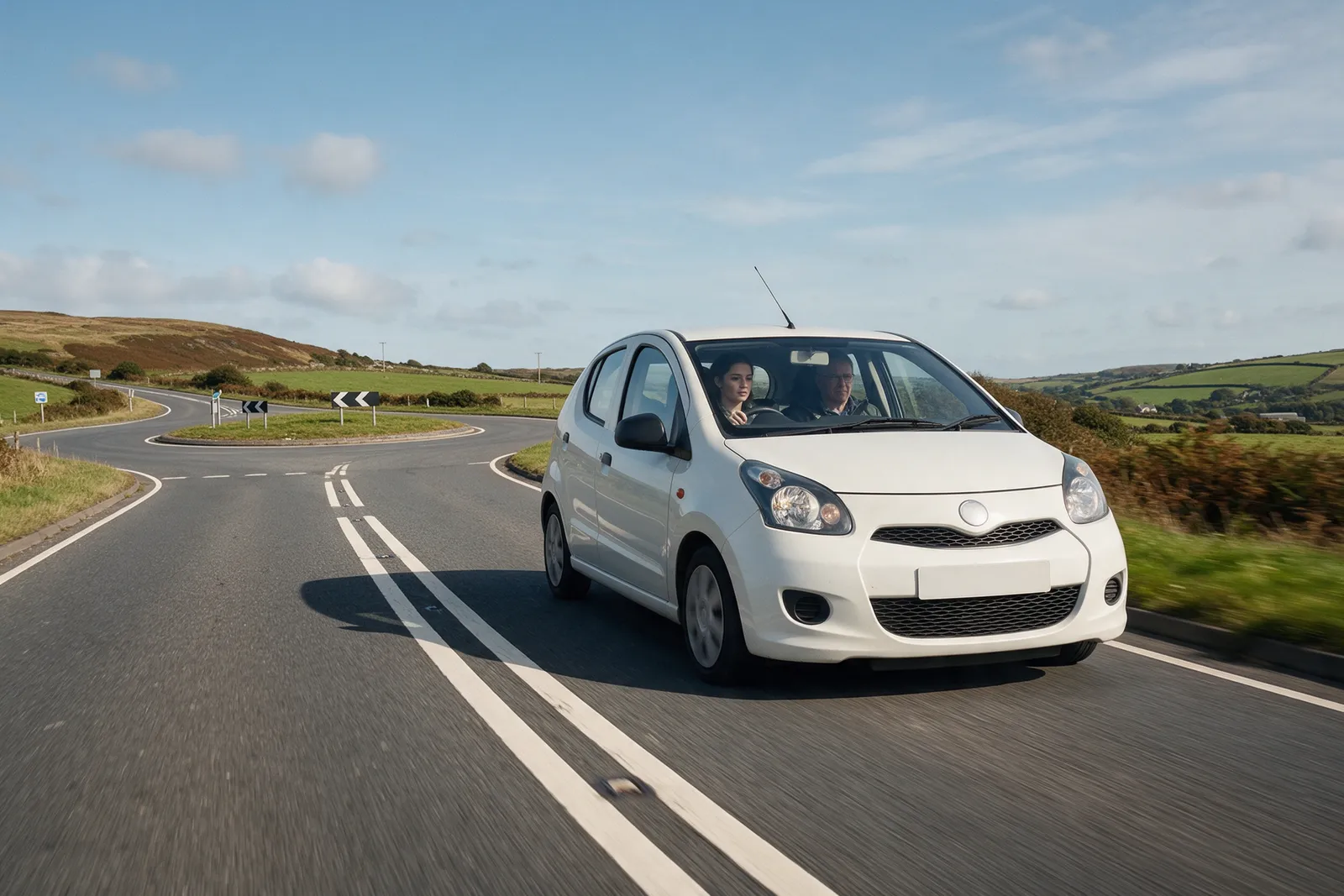 A small white hatchback on a dual carriageway approaching a roundabout with a learner at the wheel and an instructor beside her