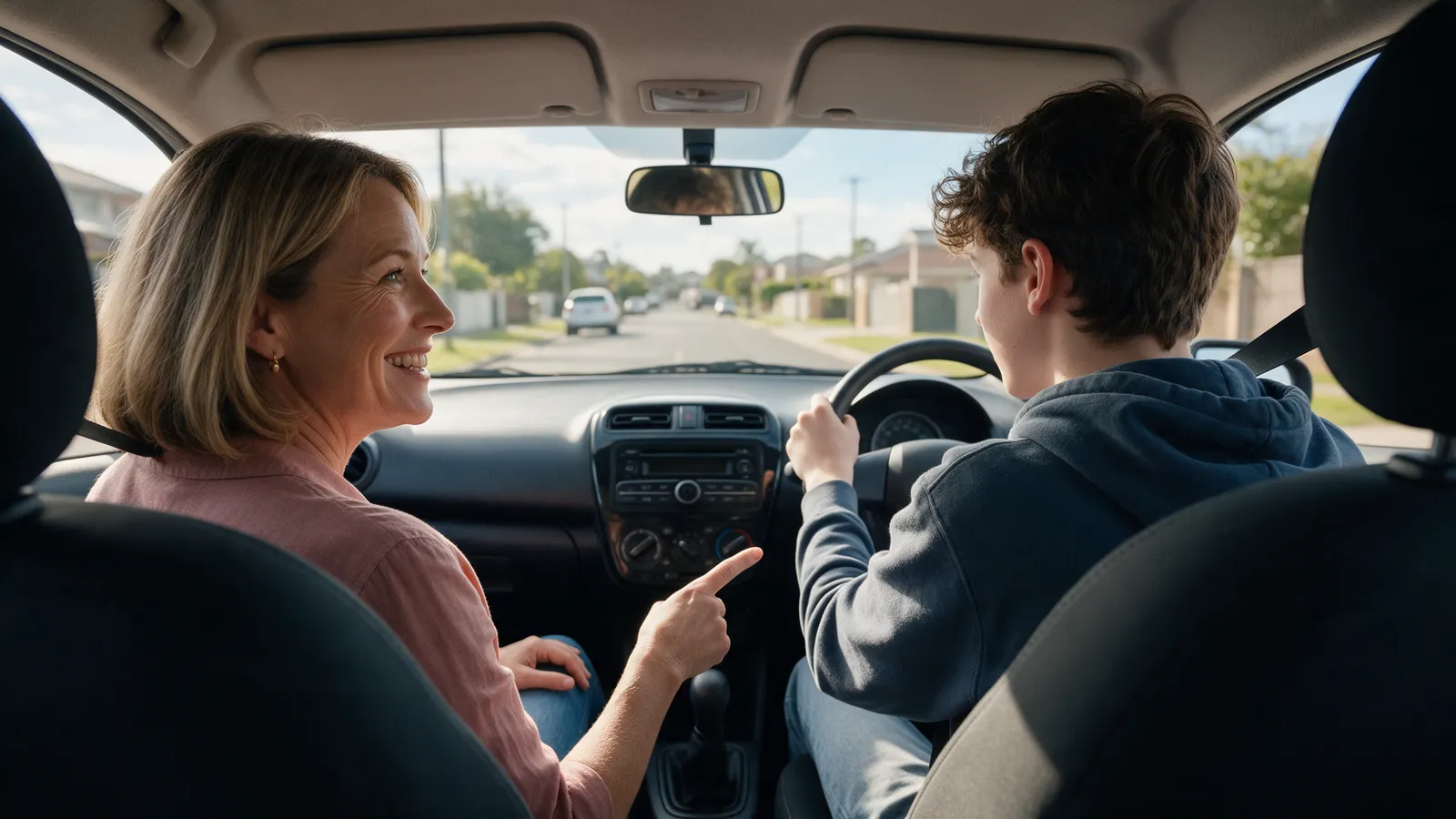 A driving instructor in her forties in the passenger seat smiling and pointing ahead while a teenage learner drives along a bright suburban street