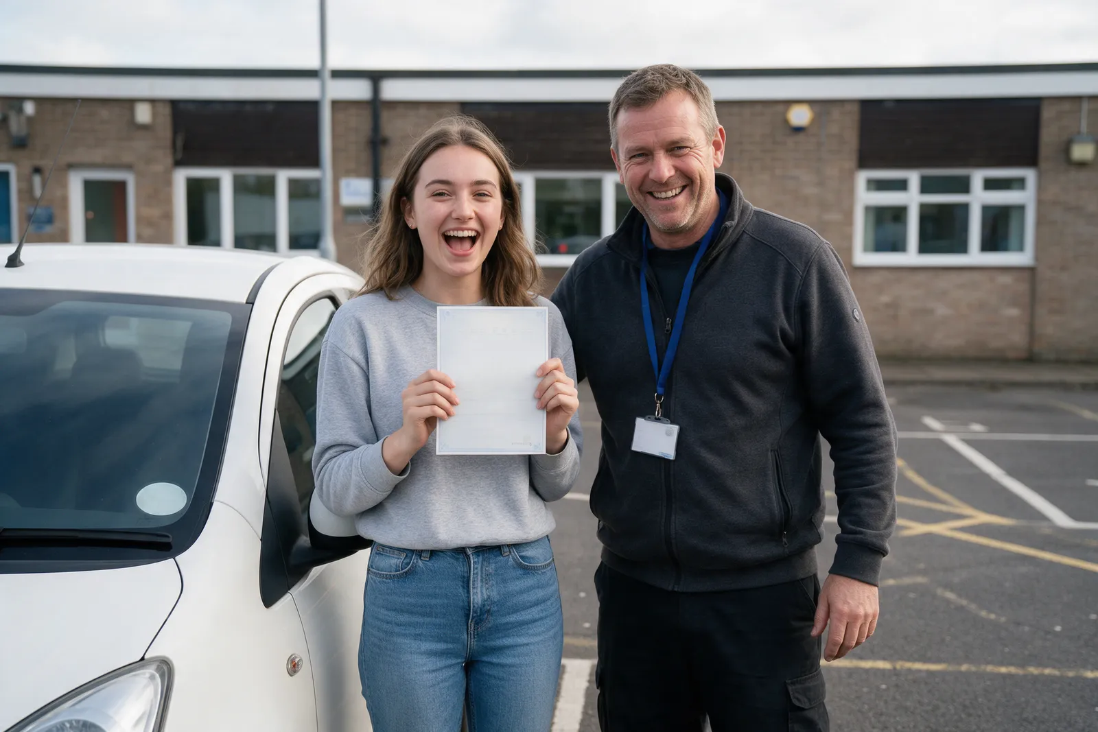 A delighted young woman standing beside a small white car holding up a certificate, her instructor beside her grinning, outside a plain brick test-centre building