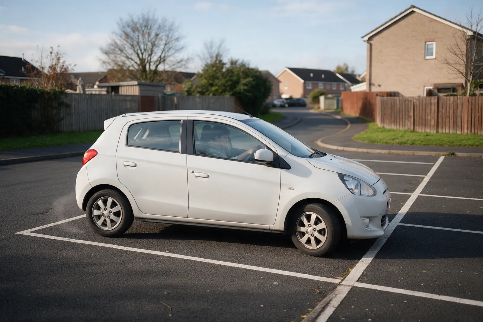 A small white hatchback reversing into a parking bay on a quiet residential cul-de-sac with a learner at the wheel