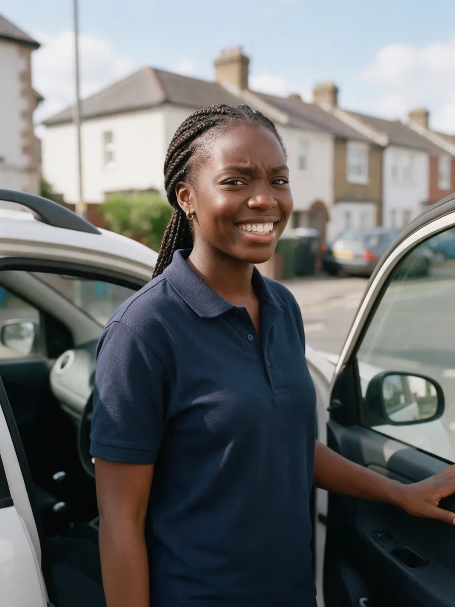 Amara Okafor, a young Black British woman in her late twenties with braided hair in a navy polo shirt, standing by a small white car with the door open on a bright residential street