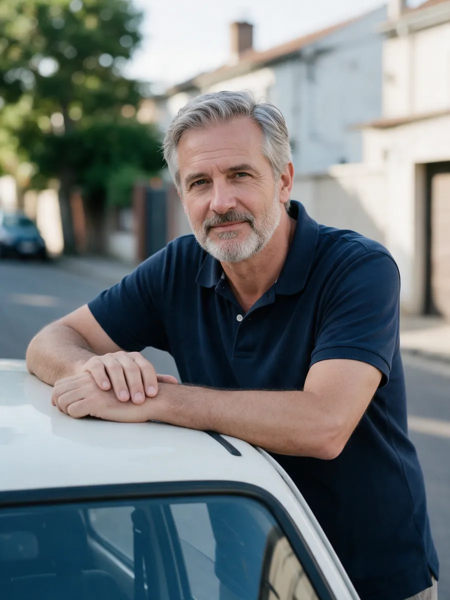 Dave Morgan, a man in his mid-fifties with grey hair and a neat beard in a navy polo shirt, leaning on the roof of a small white car on a quiet street