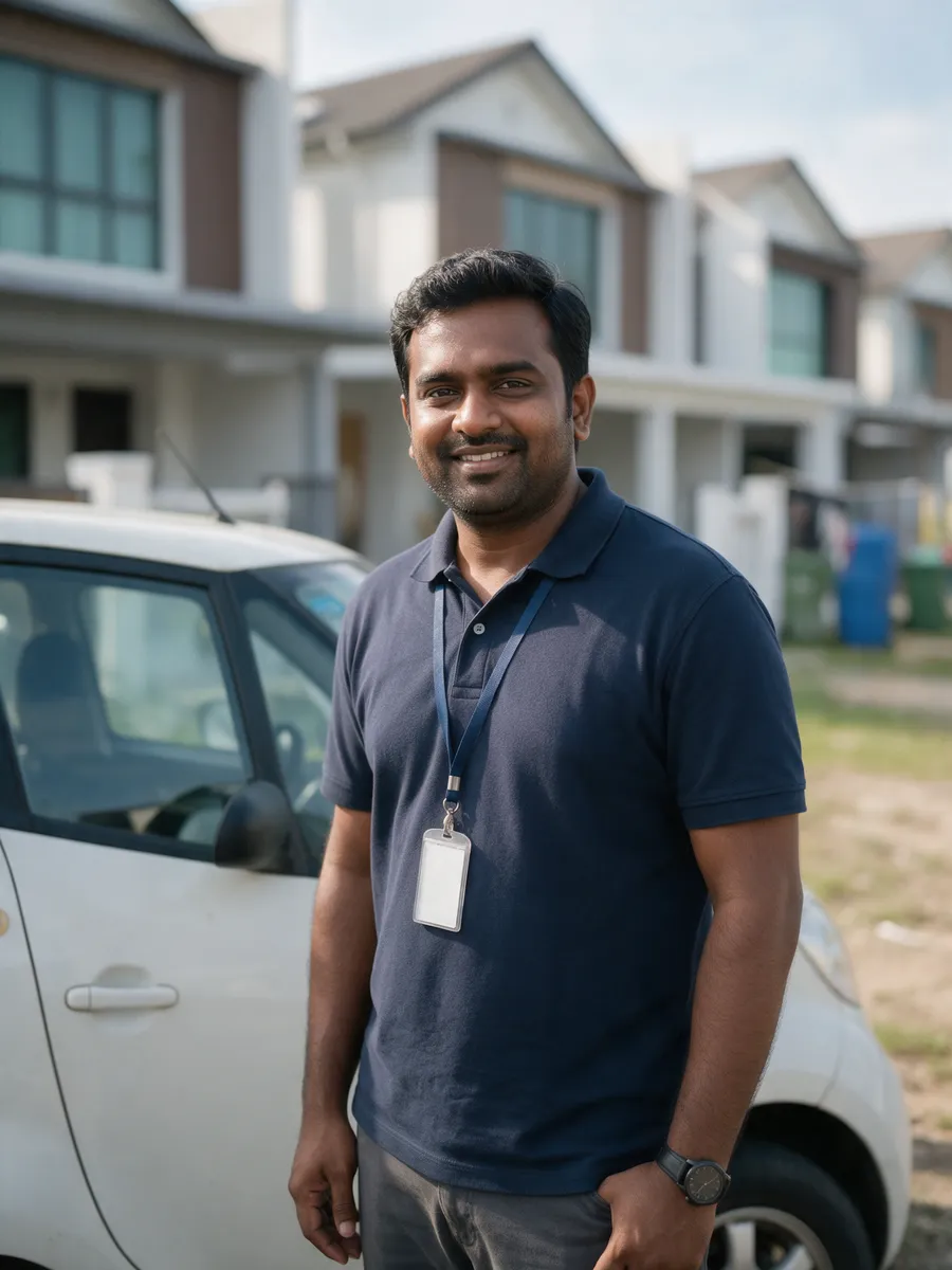 Raj Patel, a South Asian man in his late thirties in a navy polo shirt with a lanyard, standing beside a small white car outside a row of modern houses
