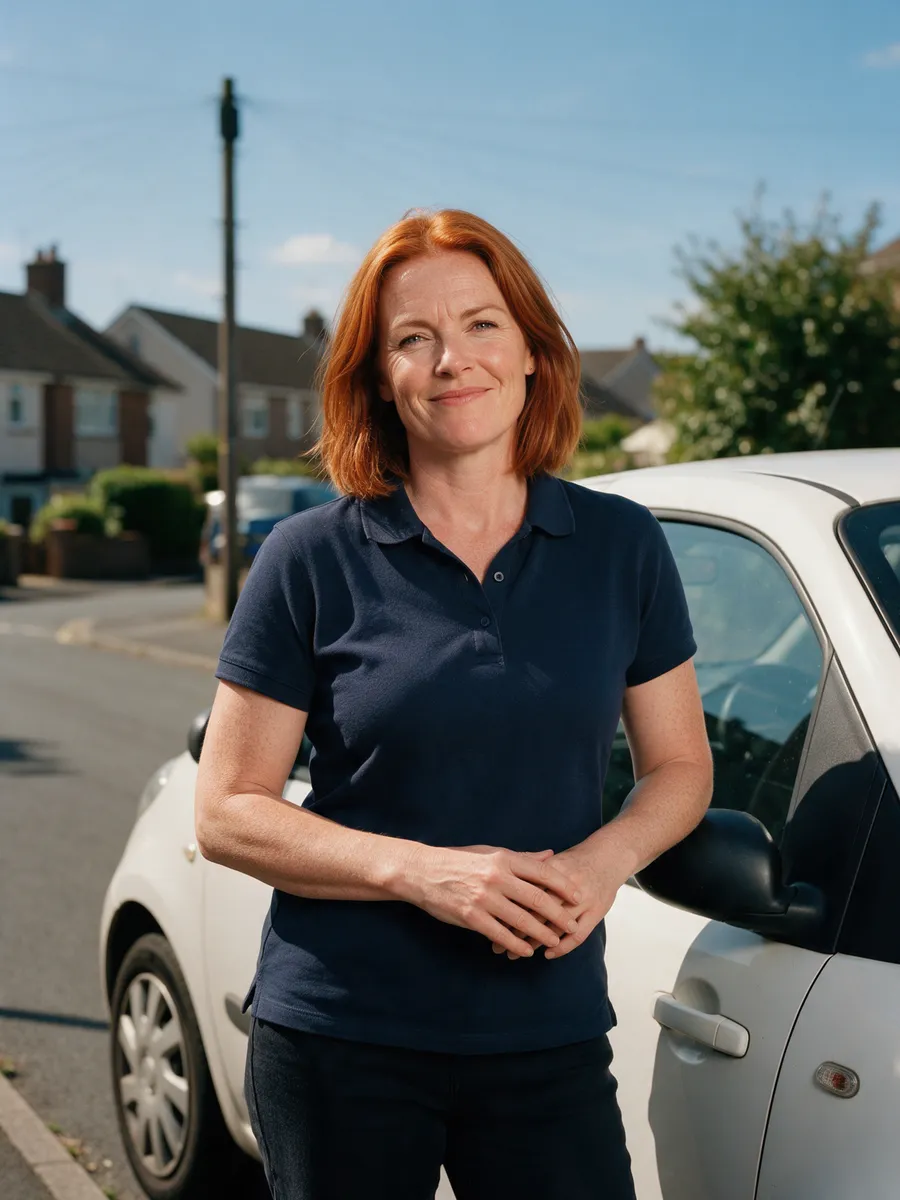 Sarah Lloyd, a woman in her mid-forties with shoulder-length auburn hair in a navy polo shirt, standing beside a small white car on a sunny suburban street