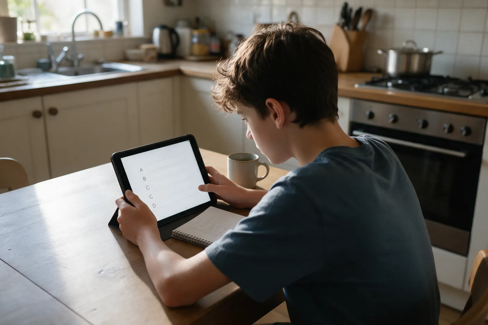 A teenager at a kitchen table studying on a tablet showing a multiple-choice quiz layout, a notebook and a mug beside it