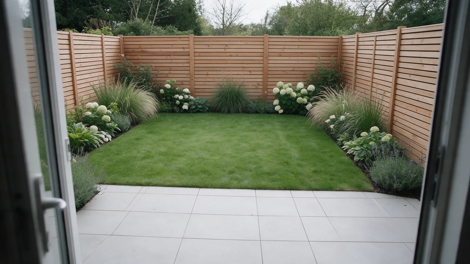 The same garden after: slatted cedar fence, porcelain patio, new lawn and planted borders