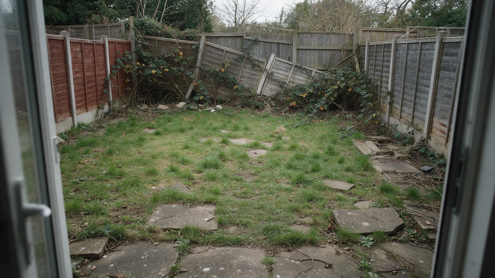 The back garden before: patchy lawn, broken concrete slabs and brambles along a leaning fence