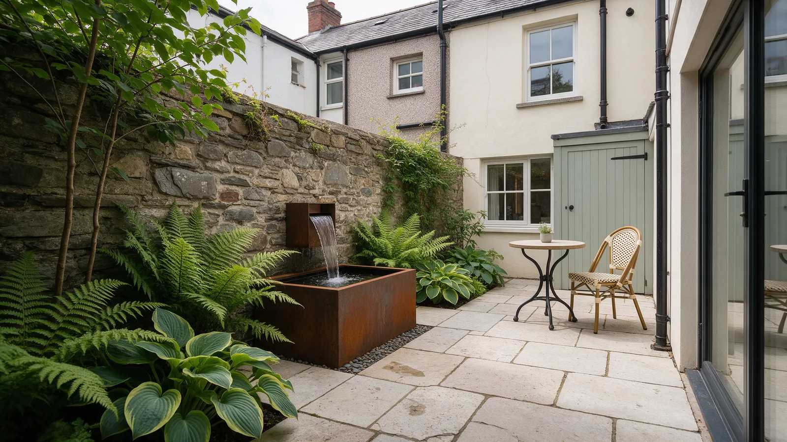 A small courtyard garden with limestone paving, a corten steel water feature, ferns and a bistro table