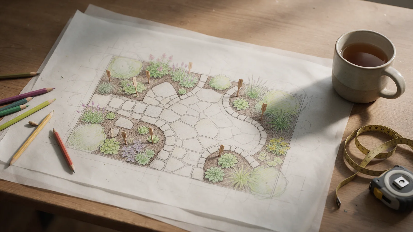 A hand-drawn garden design plan on tracing paper with coloured pencils and a tape measure