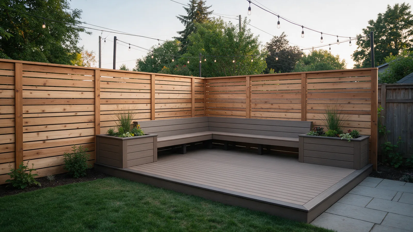 A garden with horizontal slatted cedar fencing and a raised composite deck with built-in bench and planters