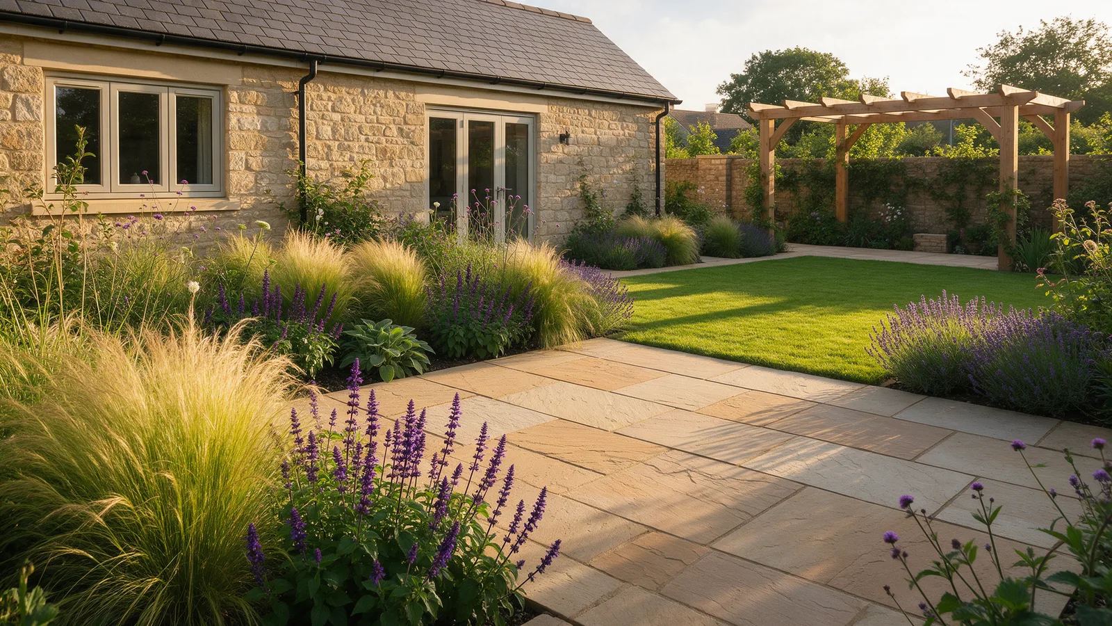 A finished garden behind a stone house: sandstone patio, planted borders of grasses and lavender, a lawn and a cedar pergola in golden light