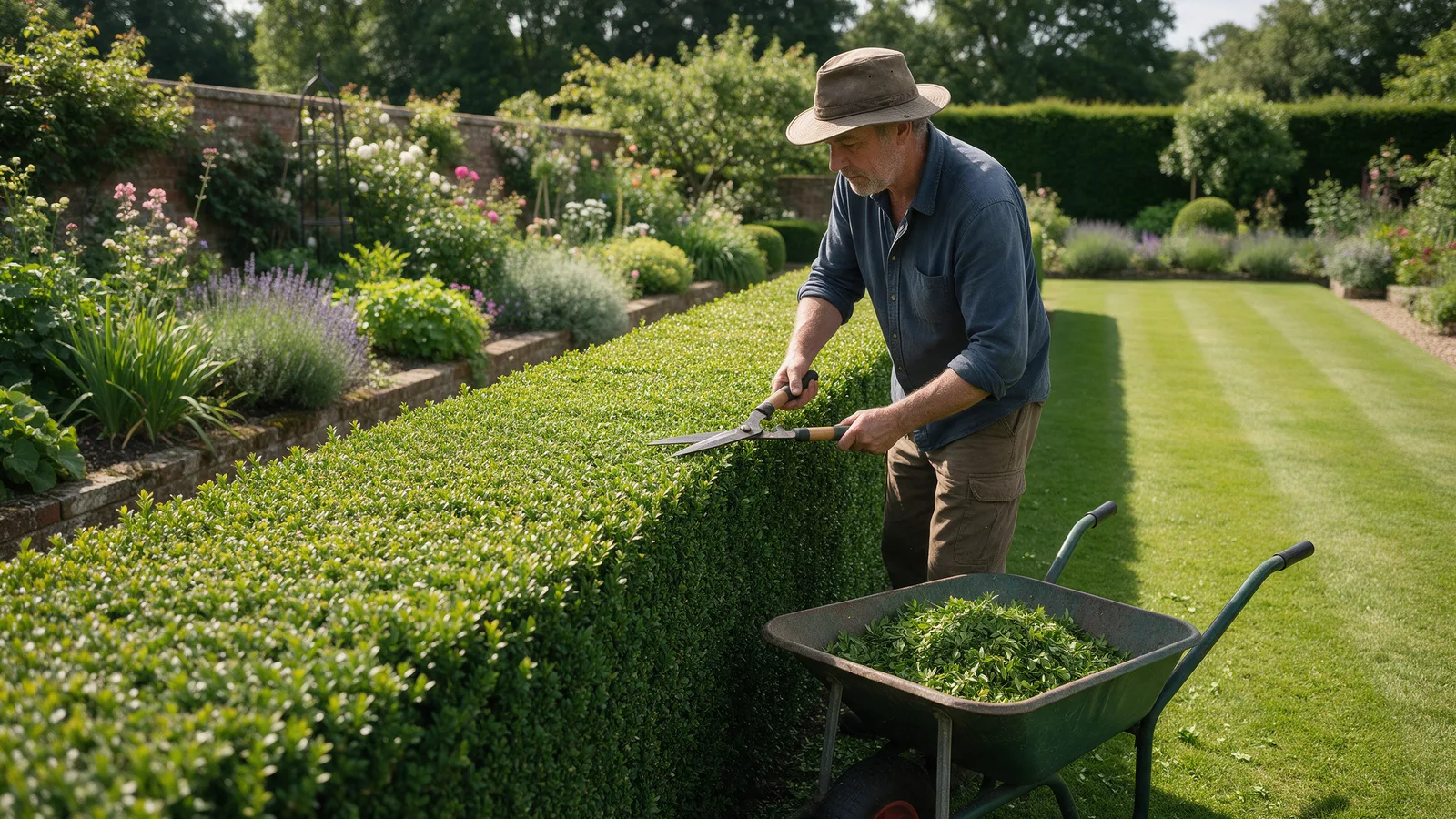 A gardener trimming a box hedge with shears beside a wheelbarrow of clippings in a mature garden