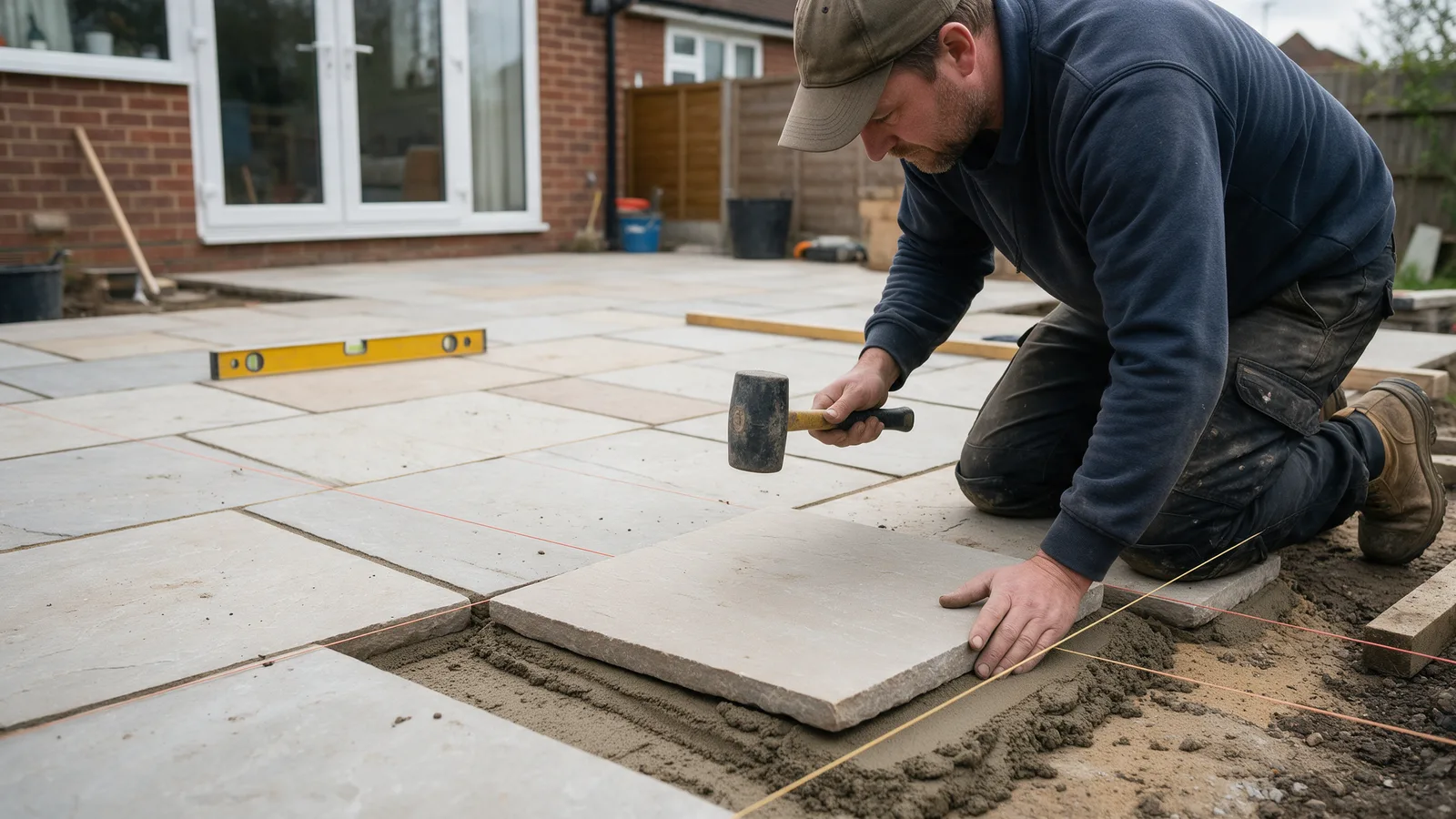 A landscaper laying large porcelain patio slabs on a mortar bed with a spirit level and string lines