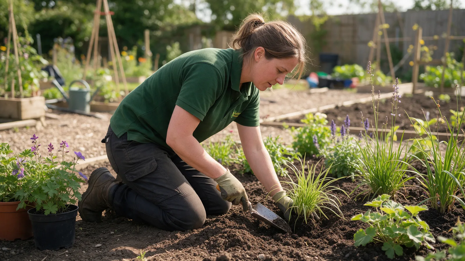 A landscape gardener kneeling on soil planting perennials into a fresh border with a trowel