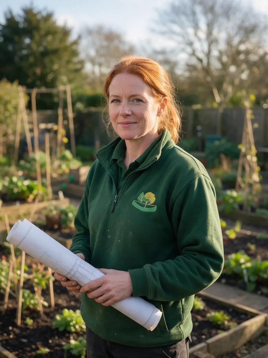Cerys Howells standing in a planted garden holding a rolled plan