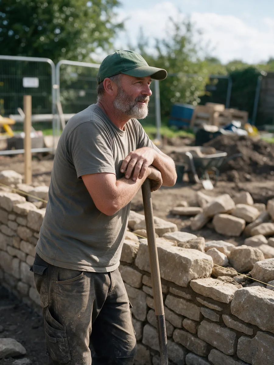 Huw Thomas leaning on a spade beside a half-built stone wall