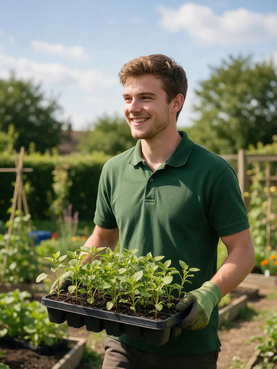 Rhys Bevan carrying a tray of young plants through a garden